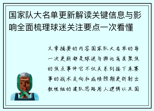 国家队大名单更新解读关键信息与影响全面梳理球迷关注要点一次看懂 国家队大名单更新解读关键信息与影响全面梳理球迷关注要点一次看懂