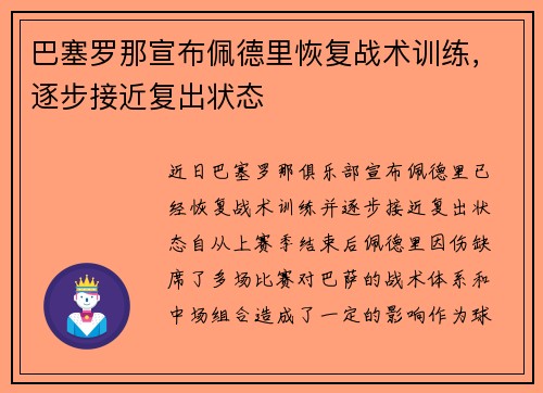 巴塞罗那宣布佩德里恢复战术训练，逐步接近复出状态